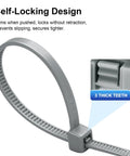 Close-up of self-locking design on 8-inch gray nylon cable tie, highlighting 3 thick teeth. 100 Pack 8 Inch Self Locking Nylon Cable Ties Heavy Duty Multipurpose 0.18 Inch Wide With 50 Lb Tensile Strength For Indoor Outdoor Use In Home Office Garden Workshop Gray.