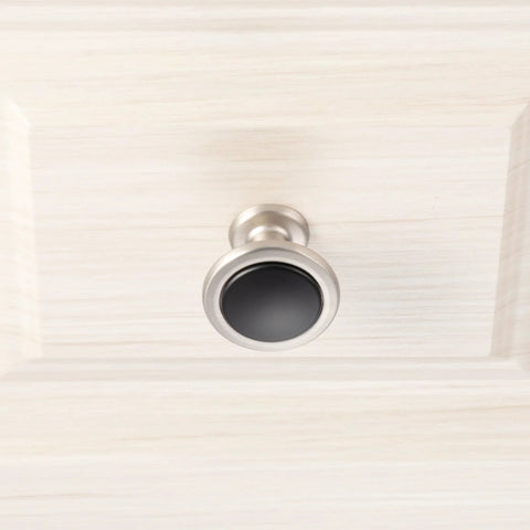 Round Cabinet Knobs 10 Pack Matte Black And Nickel, Durable Solid Metal Drawer Knobs on white cabinet door, 1960 Style Single Hole Pulls
