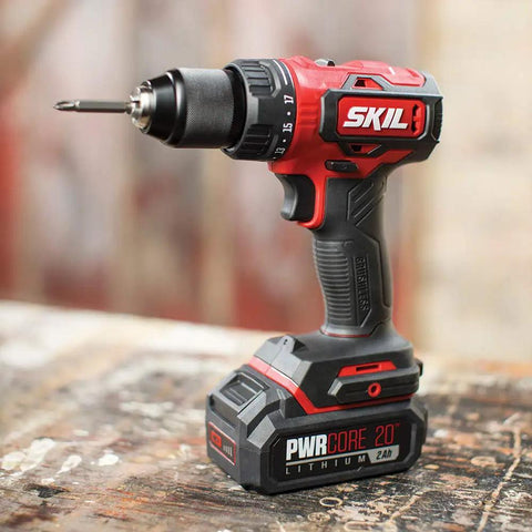 Brushless 20V drill driver on table, part of 2 Tool Drill Driver And Circular Saw Combo Kit With Brushless 20V Power Tools For Workhorse