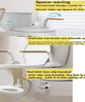 Heavy Duty Toilet Safety Rail For Seniors Featuring Slick Flip Up Wooden Armrest With Non Slip Grip And Rust Resistant Finish For Zero Sweat Bathroom Setup And Super Reliable Daily Support showing oak armrests and installation details.