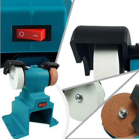 Top Shelf Cordless Mini Bench Grinder With Dual 4000 Mah Batteries showing buttons and grinding wheels for precise cutting.