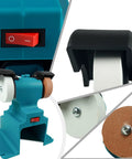 Heavy Duty Mini Bench Grinder And Buffer Polisher Featuring Secure Six Hole Mounting Base for 18V Battery Powered Workshop Rigs with switch and wheels.