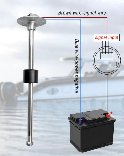 Wire connections for Badass Zero To Ninety Ohm Boat Fuel Sending Unit showing stainless steel sensor and battery setup.