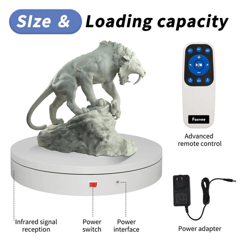 Smooth Operator Heavy Duty Motorized Turntable Remote Controlled Speed Adjustable Rotating Display Platform For Photography And 3D Scanning Handles Up To Five Hundred Pounds In Sleek White with lion sculpture and remote control.