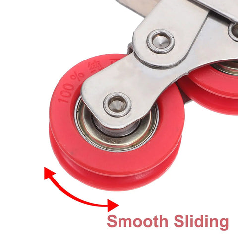 Close-up of Tough As Nails Stainless Steel Double Roller Wheels for Sliding Door Track Pulley Replacement with red wheels.