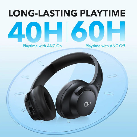Q20i Hybrid Active Noise Cancelling Wireless Over Ear Headphones With 40 Hour Battery Life Dope Bass Rich Hi Res Audio App Customization Transparency Mode Black shown with 40H and 60H battery life indicators on a blue background.