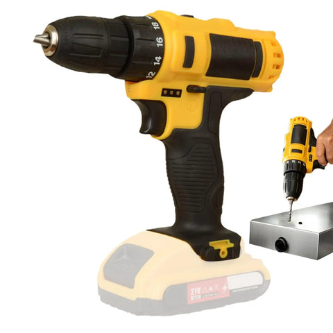 Heavy Duty Cordless Power Drill Packed With Badass High Torque Motor And Snappy Quick Release Chuck For No Sweat Home Woodworking And Knockout DIY Builds Built Like A Tank For Weekend Warriors On The Go, highlighted with the drill's battery.