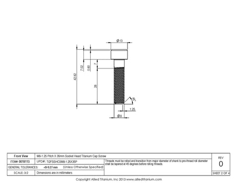 Pack Of Eight M8 1.25 X 35mm Socket Head Cap Screws Grade Two Polished Titanium Bolts detailed technical drawing.