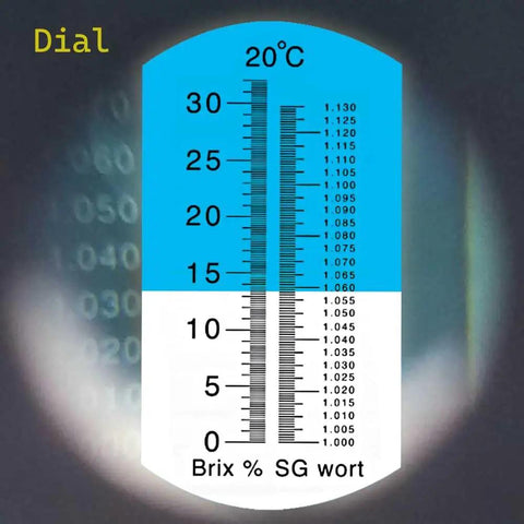 Dual Scale Brix Refractometer With ATC For Specific Gravity And Brix Readings Hydrometer Kit For Wine Making Beer Brewing And Homebrew DIYers For Serious Hobbyists And Pros Alike dial scale close-up