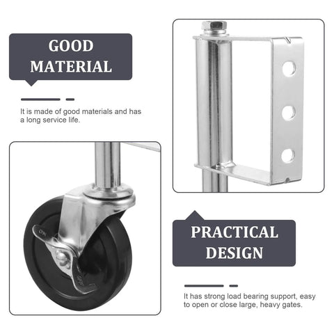 Heavy Duty Spring Loaded Gate Caster With Slick Rolling Cold Rolled Steel Wheel For Dead Simple Gate Operation And Quick Hook Up On Wood Or Metal Tubular Frames For Yard Jobs close-up view of the steel wheel and bracket.