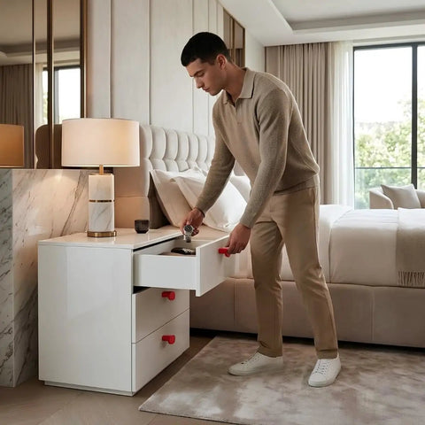 Person opening drawer with Hella Sleek Oval Cabinet Knobs Made From Solid Aluminum With A Top Shelf Matte Red Finish.