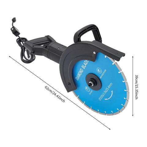 Heavy Duty Electric Concrete Saw Cutter With 3000 Watt Motor And Rugged Ab Diamond Blade, showing 62cm long and 39cm wide.