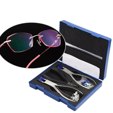 Rimless Glasses Repair Kit With Rubber Tip Plier Set For Frame Adjustment And Disassembly Tools in blue case with rimless glasses