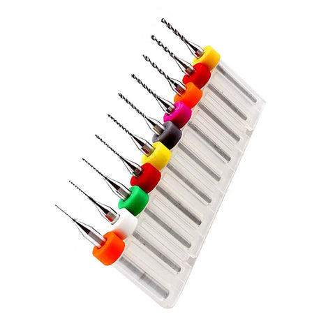 Micro Mini Drill Bits Set 10Pcs For PCB Circuit Board Tungsten Carbide Engraving Tools 0.3mm To 1.2mm in a plastic holder.