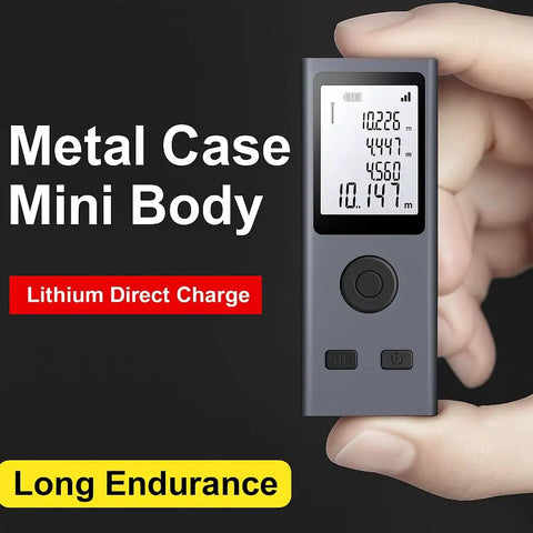 Heavy Duty Laser Rangefinder With Hella Accurate 98 Foot Digital Measurement Tool USB Rechargeable Battery HD Backlit Panel For Contractors And Side Hustlers in a metal case, held in hand.