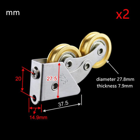 2 Pack Gutsy Sliding Door Rollers Heavy Duty Stainless Steel Cabinet Hardware with dimensions for installation and smooth sliding.