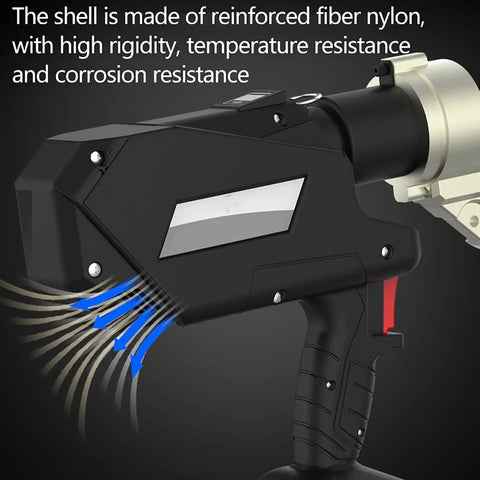 Close-up of Electric Ratchet Cable Cutter with Battery Power, showing reinforced fiber nylon shell for strength and durability.