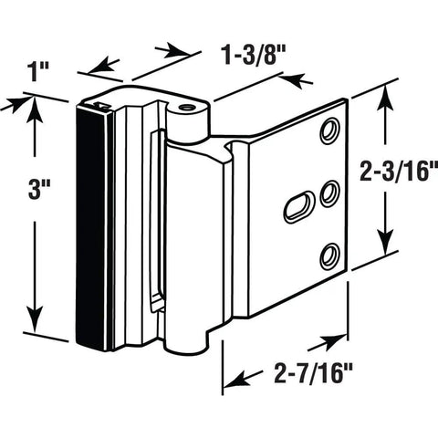 Illustration of dimensions for Door Reinforcement Lock Kit Satin Nickel U10827 Adds Maximum Home Security With 800 Lbs Of Force