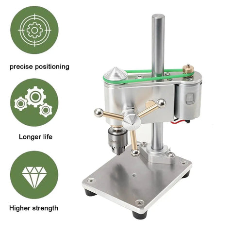 Mini Drill Press With Variable Speed Benchtop Portable Drill Press for metal, wood, and jewelry making, shown with JT0 Chuck and CNC tool features.