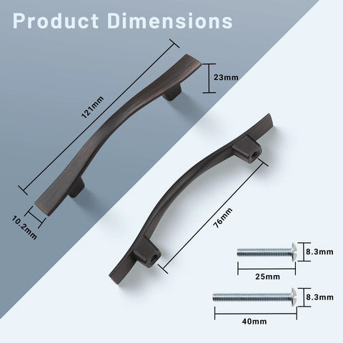 Dimensions of 15 Pack Curved Oil Rubbed Bronze Cabinet Pulls, 3 Inch Hole Spacing, total length 4.75 inches, with screws shown.