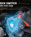 Close-up of Pro Move Cordless Circular Saw lock switch for safe start stop feature, preventing accidental activation.