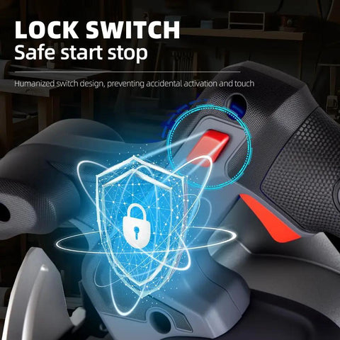 Close-up of Pro Move Cordless Circular Saw lock switch for safe start stop feature, preventing accidental activation.