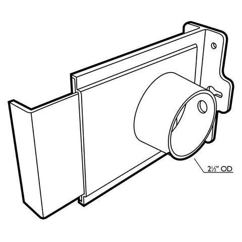 Illustration of a StableGate With Bracket Dust Gate, two and a half inch, wall mounted, heavy duty ABS plastic with hose attachment point.