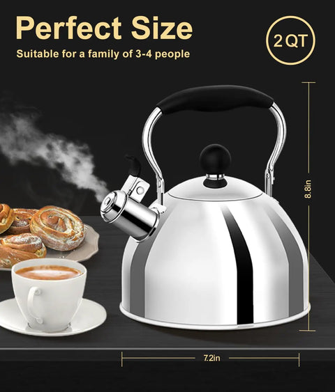 Stovetop Whistling Tea Kettle, 2 Quart Stainless Steel Pot For Tea And Coffee Lovers, with easy grip handle, on kitchen counter.