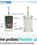 100N Push Pull Force Gauge For Plug Force Tests Handy Destructive Testing Meter With 4 Units N Kg Lb Oz 0.1N Divisions ±1 Percent Accuracy Compact 124x60x31mm White, front and back view with hooks
