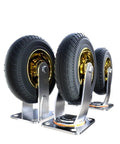 Smooth As Butter 8 Inch Industrial Grade Heavy Duty Caster Wheels Four Pack Silent Rubber Swivel Rollers With Directional Brake Plates For Crushing Heavy Loads Around The Shop, showing rubber wheels and metal brackets.