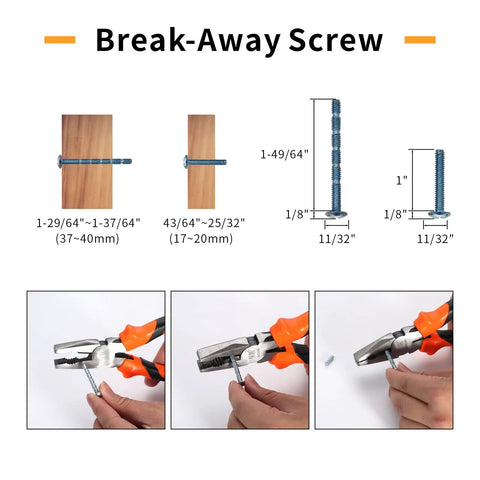 Break-away screw diagram showing measurements and adjustable length for 10 Pack Brushed Brass Cabinet Knobs 1-1/4 Inch Gold Drawer Knobs.