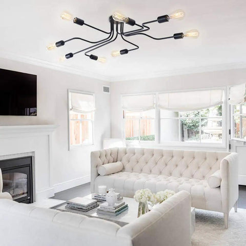 Eight Light Sputnik Ceiling Fixture In Matte Black Cool Industrial Chandelier Semi Flush Mount installed in living room