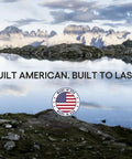 Scenic landscape with mountains reflecting on water, featuring 'Made in USA' badge emphasizing quality.