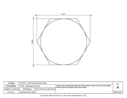 Top view illustration of 5/16-18 x 1 UNC Titanium Hex Head Bolt dimensions for heavy duty fastening.
