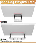 Before and after view of expanding dog playpen area using Top Shelf White Fence To Wall Anchor Kit For Tight Dog Playpen Sets.