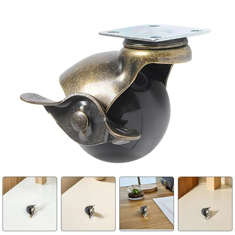 Vintage Bronze Furniture Casters With Brake 8 Pack Swivel Plate Wheels, close-up image of a single caster with black wheel.