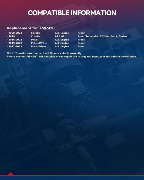 Compatible information for Fresh Front Wheel Hub Assembly With Wheel Bearing Replacement For Toyota Corolla 2019-2024 and Prius 2016-2022.