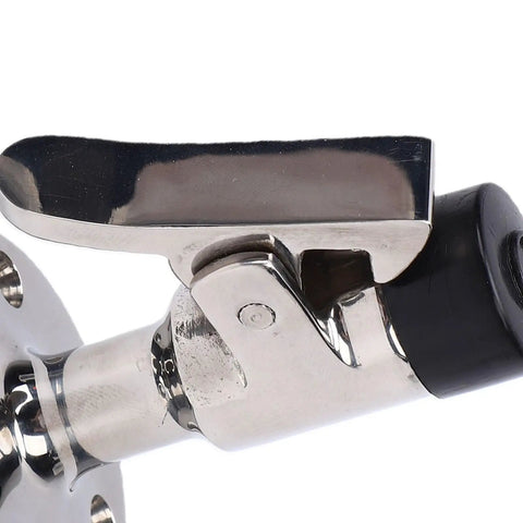 Close-up of rugged 316 stainless steel marine door stopper with brushed finish and spring latch for yachts.