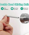 Hand holding a silver double head skirting nail next to installation sleeve for Straight Up Heavy Duty Double Head Skirting Nails And Matching Sleeve Tools For No Sweat Seamless Baseboard Installation On Solid Wood Trim 250 Piece Pro Supply Box Set.