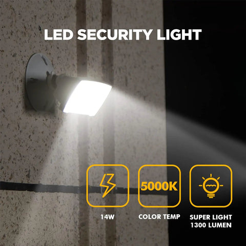 Heavy Duty 2 Pack Outdoor LED Flood Lights, 14W 1300 Lumens 5000K Daylight, waterproof adjustable security spotlight on wall.