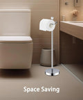 Reserve Function Free Standing Toilet Paper Holder With Crystal Finial In Chrome Finish beside a modern bathroom toilet