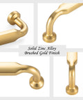 Premium Solid Metal Brushed Gold Cabinet Pulls with solid zinc alloy, showcasing sleek curves and strong grips for cabinets.