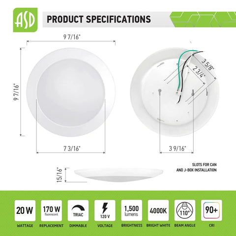 Diagram of Low Profile Flush Mount Ceiling Light 9.5 Inch 20W 1500 Lumens CRI 90 4000K Cool White Dimmable LED Disk Lights