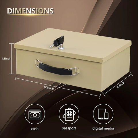 Fireproof Document Safe Box With Key Lock Sturdy Double Steel Chest for valuables, sand finish, with dimensions shown