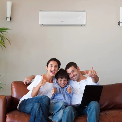 Family enjoying comfort from 30000 Btu Tri Zone Wall Mount Mini Split Air Conditioner Heat Pump With Seer 21 Efficiency.