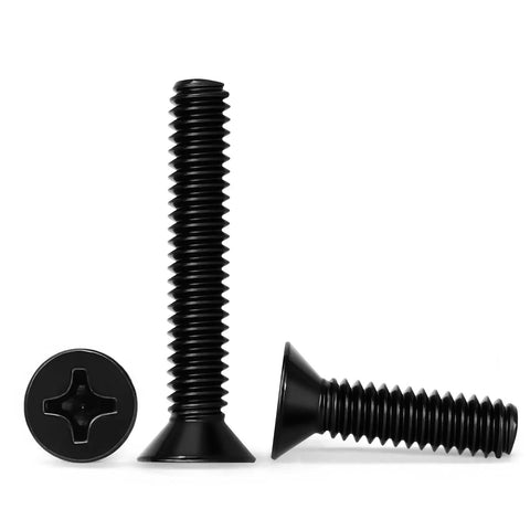 Heavy Duty Flat Countersunk Machine Screws Phillips Drive Hella Tough 304 Stainless Steel Corrosion Proof Black Finish One Hundred Piece Gear Up Kit With Driver Bit, showing black flat screws.