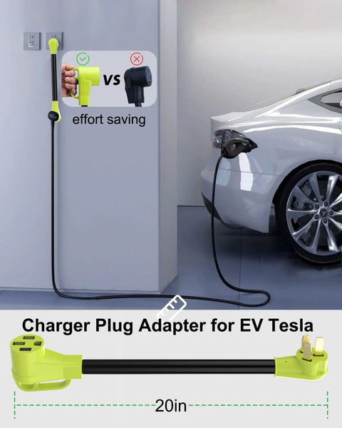 Heavy Duty Nema 10-50 To 14-50R EV Charger Plug Adapter, 20in yellow plug, providing easy charging for Tesla vehicles.