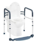 Heavy Duty Bathroom Safety Rails With Footrest And Non Slip Rubber Feet offer solid support for seniors beside a toilet.