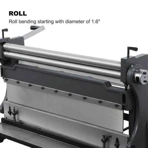 Close-up of 3 In 1 Sheet Metal Cutter, Brake and Slip Roll with roll bending diameter 1.6", showing heavy-duty cast unit.