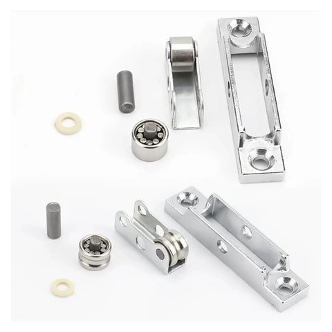 Heavy Duty Zinc Alloy Sliding Door Pulleys With Double Wheel Track Rollers Adjustable Angle Design hardware parts, shiny zinc material, various sizes.